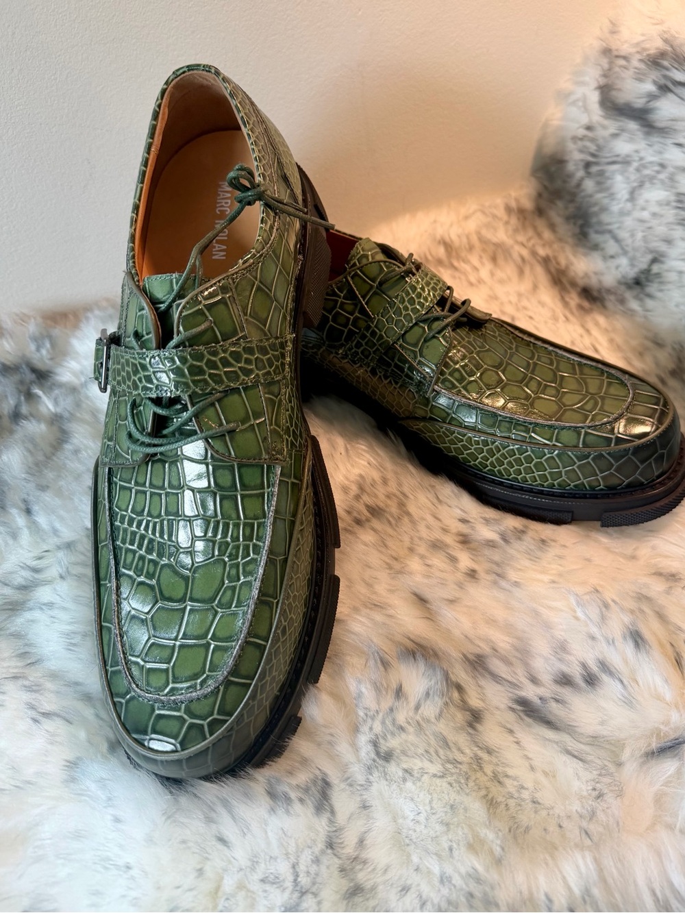 Marc Nolan Olive Green Croc-Embossed Leather Monk Strap Loafers